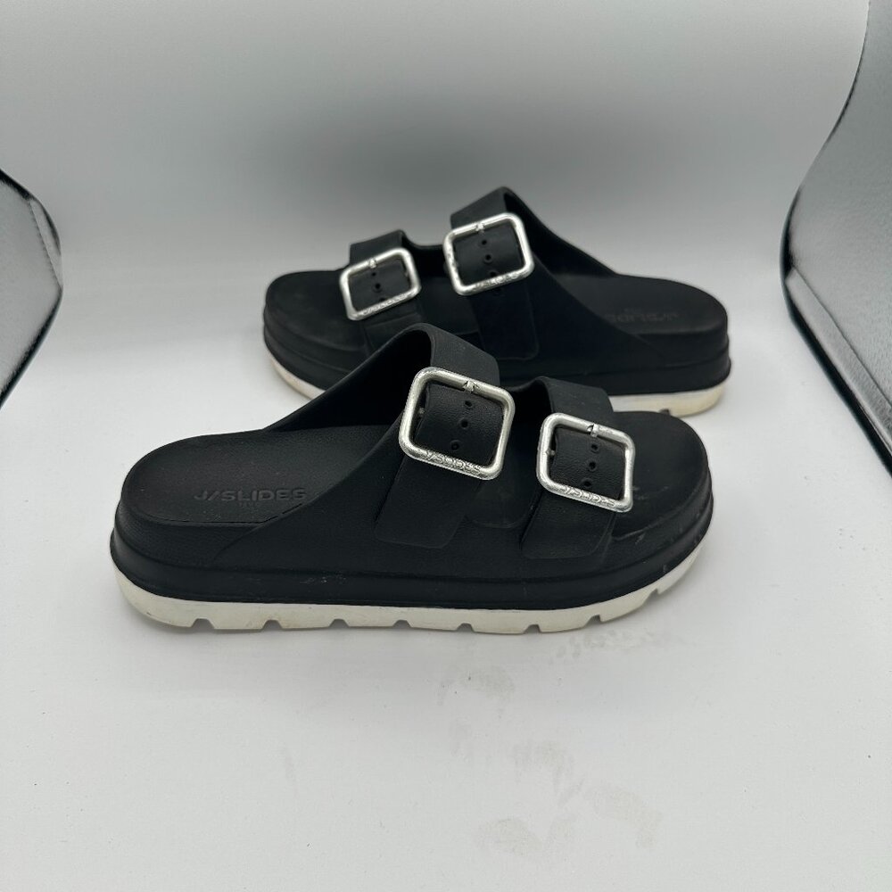 J/Slides Women's Simply Double Buckle Platform Slide Sandals Black Leather 8